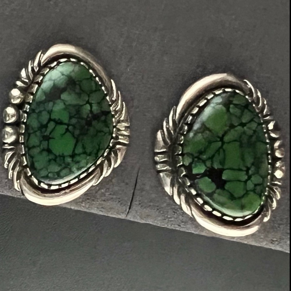 Native American Damele Green Spider Web Turquoise Post Back Earrings